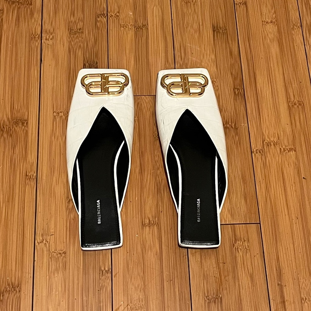 Balenciaga Calfskin Crocodile Embossed Double Square BB Mules